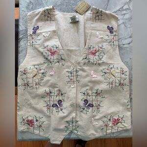 Tantrums cotton linen floral embroidered button vest Sz XL Beige